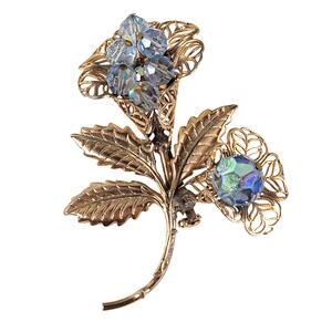 Vintage Gold Tone Floral Brooch Pin w/ Blue Faceted Crystal Beads 2.5"x1.85"
